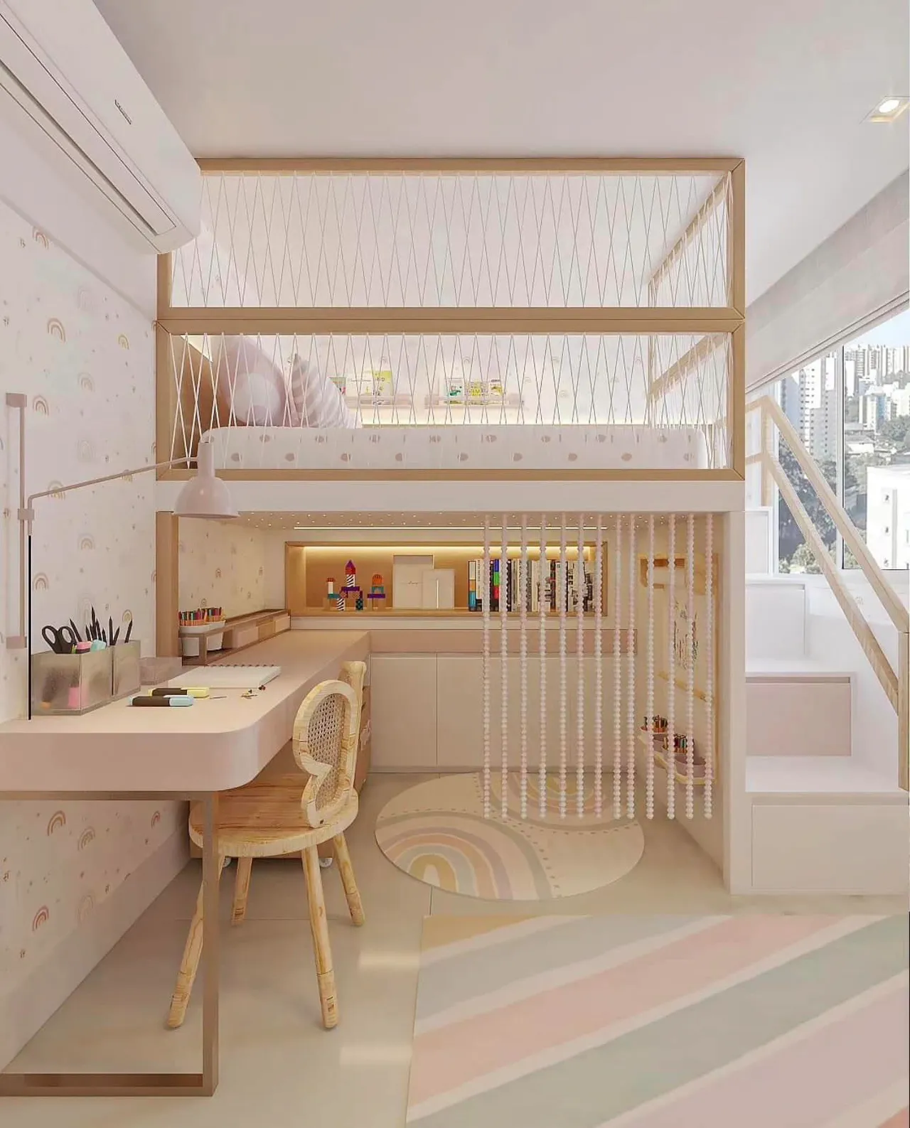 Giường tầng được thiết kế thông minh, với màu gỗ ấm áp kết hợp màu pastel hiện đại