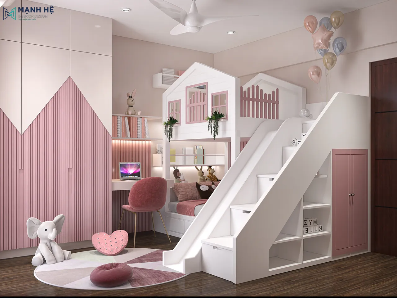 Thiết kế chiếc giường màu trắng - hồng tầng đa năng tích hợp cầu tuột, bàn học và cả hộc tủ đựng đồ