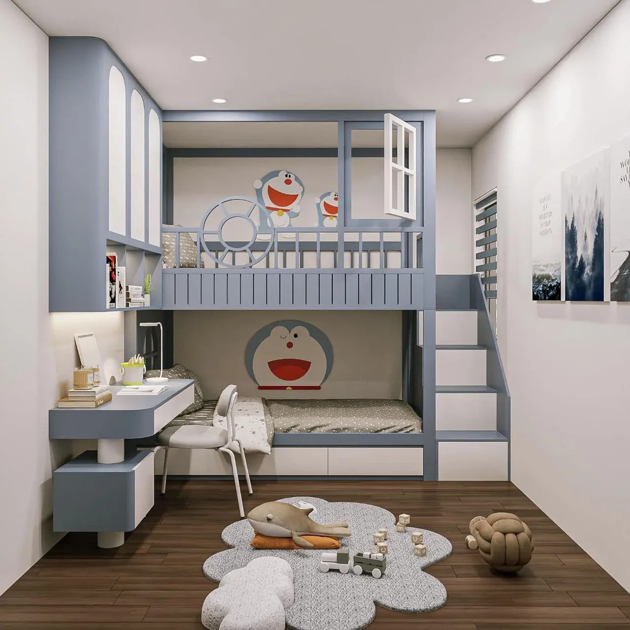 Mẫu giường tầng doremon thông minh khi tích hợp các ngăn kéo tủ dưới gầng, cùng với bàn học tiện nghi bên cạnh giường ngủ