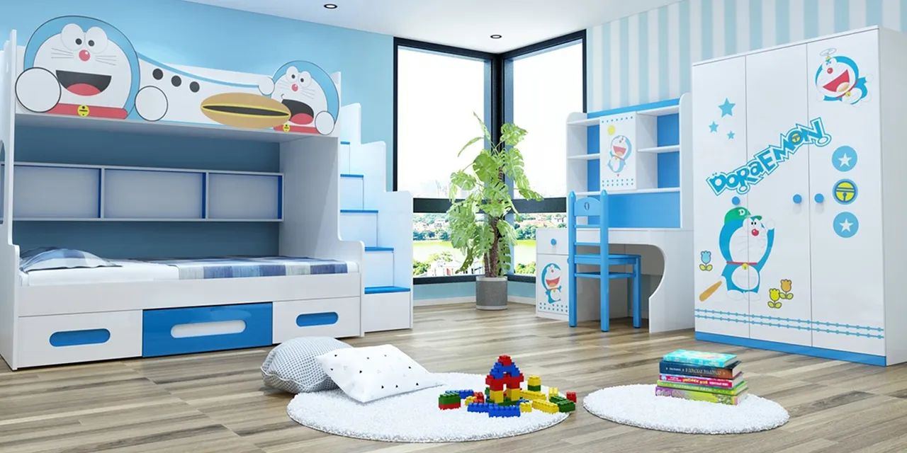 Mẫu thiết kế giường tầng doremon dễ thương bằng gỗ công nghiệp, kết hợp hài hòa cùng nội thất trang trí hình doremon