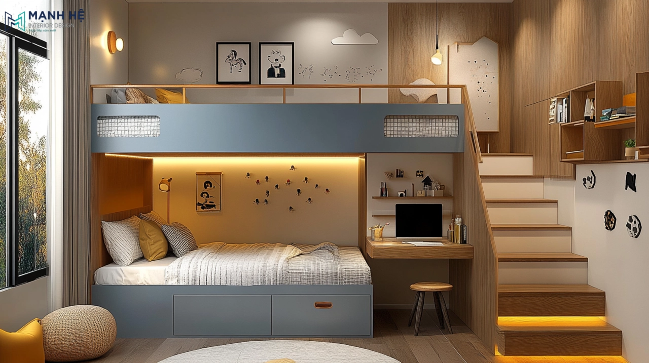 Bố trì bàn học nhỏ xinh tích hợp trong giường tầng với tranh treo tường 