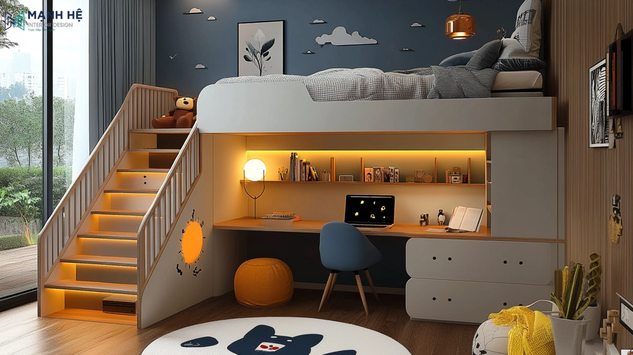 Thiết kế giường ngủ với bàn học ở dưới tích hợp đèn led với gam màu xanh, nâu gỗ chủ đạo