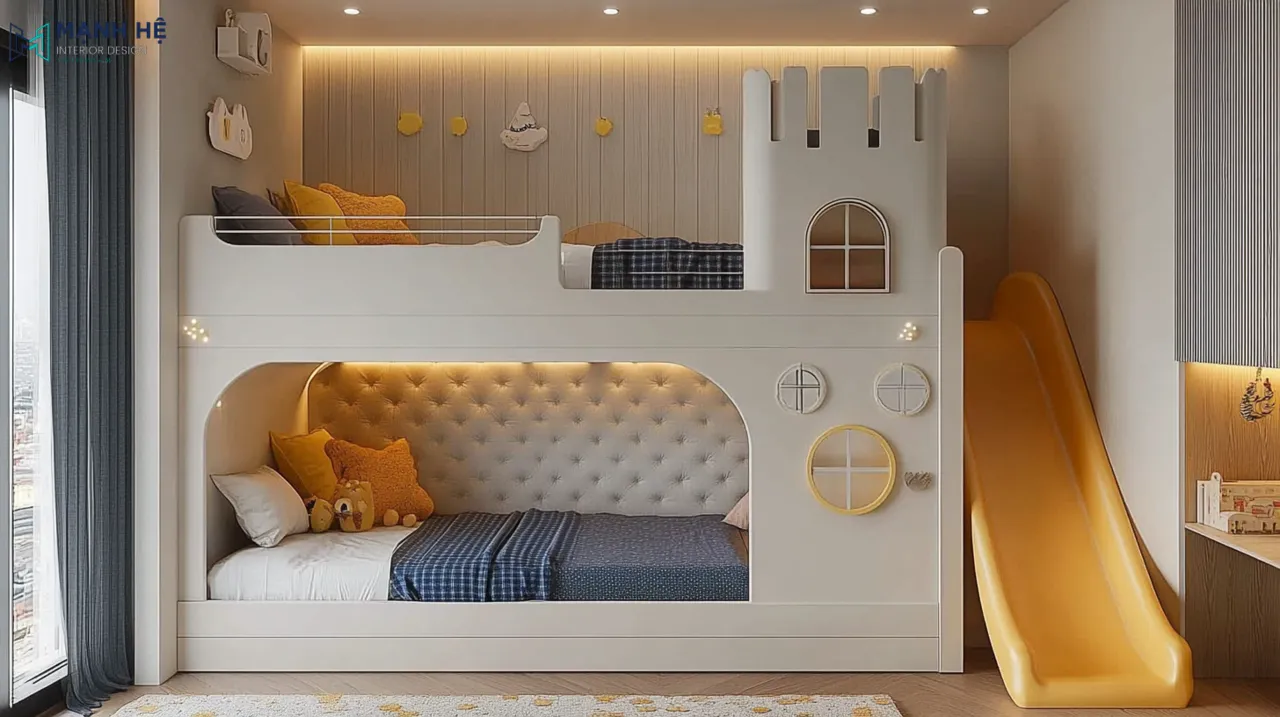 Thiết kế giường tầng lâu đài cho bé với sự kết hợp giữa cổ điển và hiện đại và gam màu trắng chủ đạo
