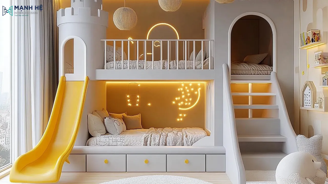 Thiết kế giường tầng lâu đài màu trắng nổi bật trên nền màu vàng kết hợp cầu trượt