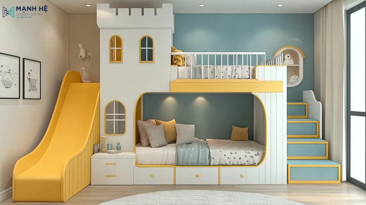 Mẫu giường tầng lâu đài với gam màu xanh và vàng chủ đạo kết hợp cầu trượt và các ngăn kéo tiện nghi