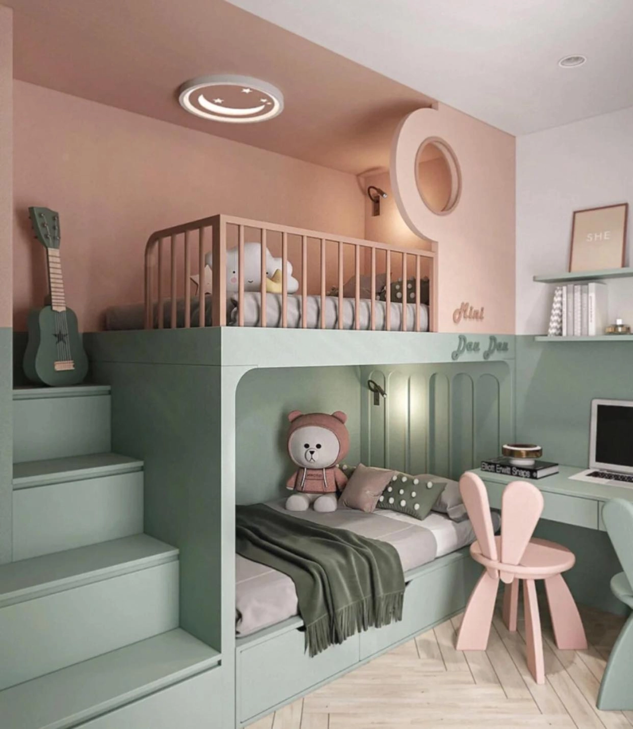 Sự kết hợp giữa gam màu hồng và xanh pastel mang lại sự hài hòa cho giường tầng 2 bé được bố trí liền mạch với bàn học