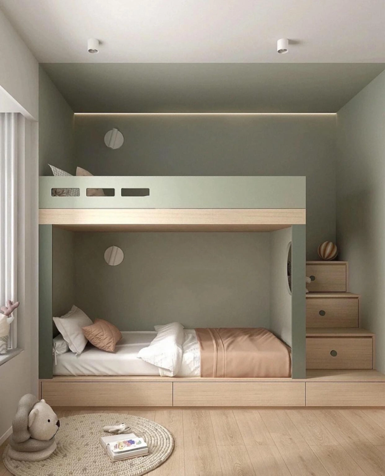 Thiết kế giường tầng cho 2 bé với gam màu xanh kết hợp nâu gỗ và cầu thang tích hợp các ngăn kéo
