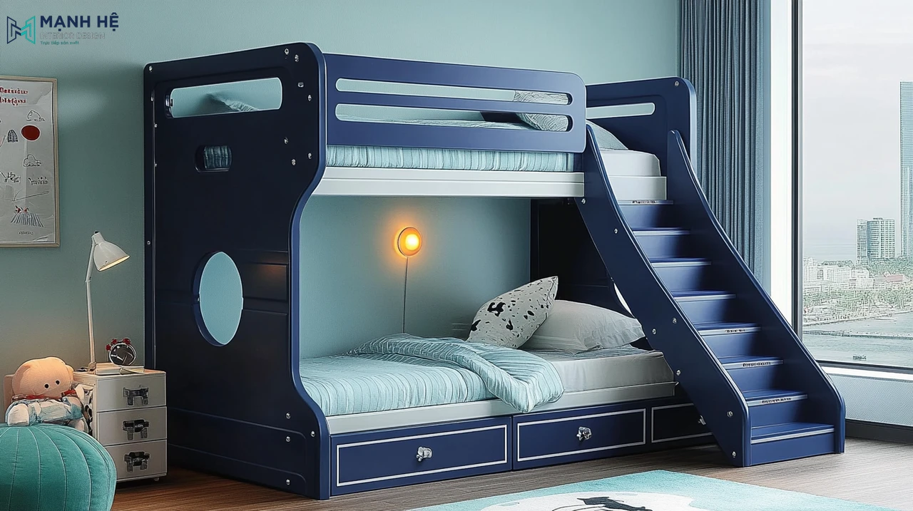Giường tầng màu xanh kiểu dáng container với đèn trang trí sáng sủa