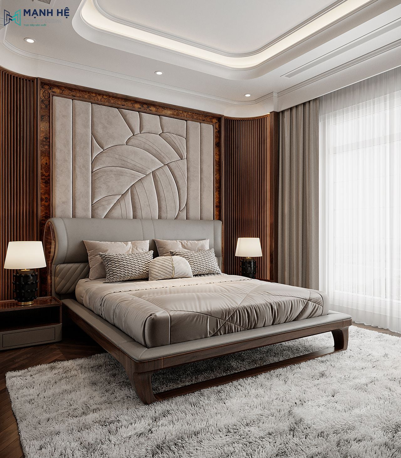Thiết kế phòng ngủ gỗ óc chó ấn tượng với giường ngủ chân quỳ đặc trưng