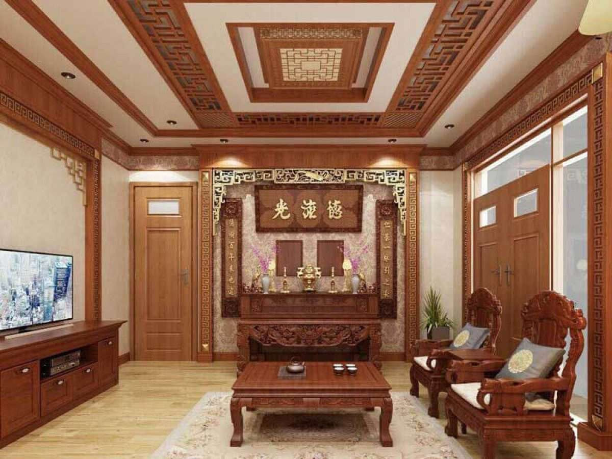 Nội thất phòng khách kết hợp phòng thờ nhà ống dạng đứng phong cách Tân cổ điển