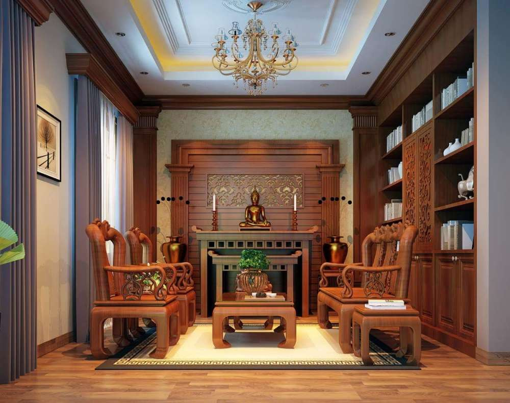 Nội thất phòng khách kết hợp phòng thờ nhà ống dạng đứng gỗ Sồi 