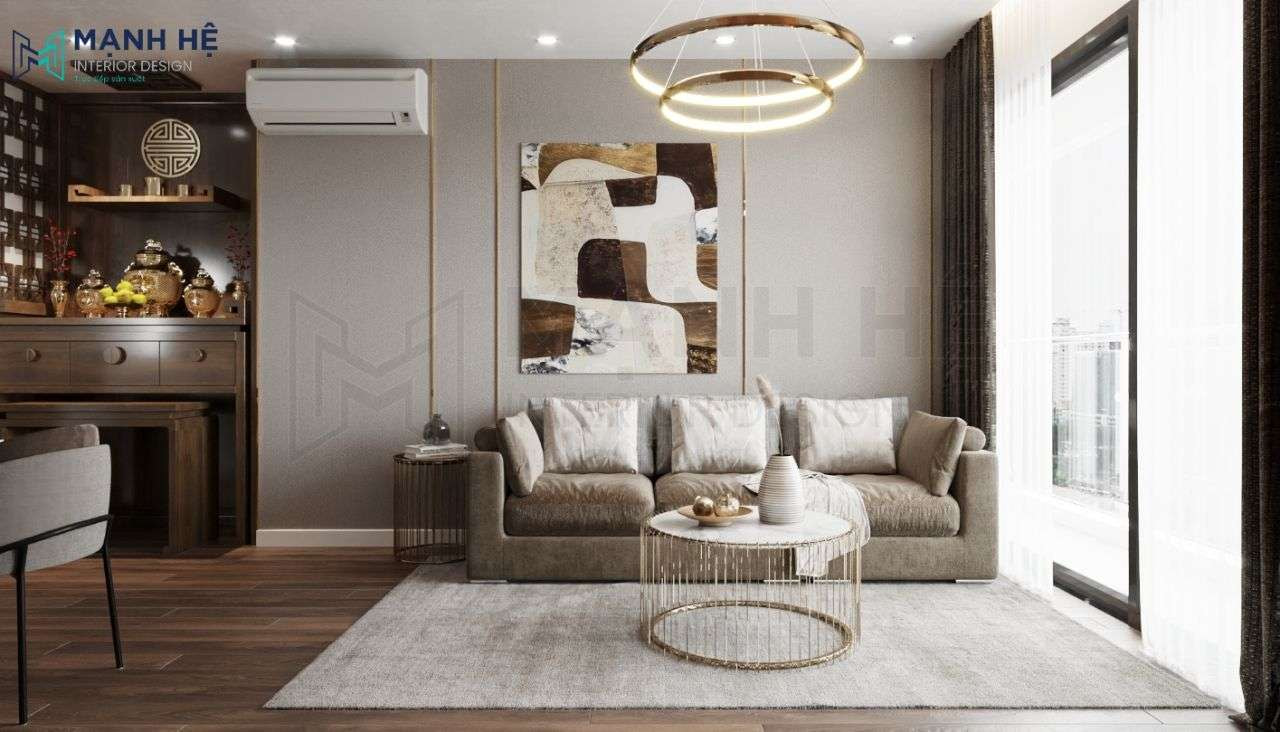 Thiết kế phòng khách kết hợp phòng thờ nhà ống có vách ngăn