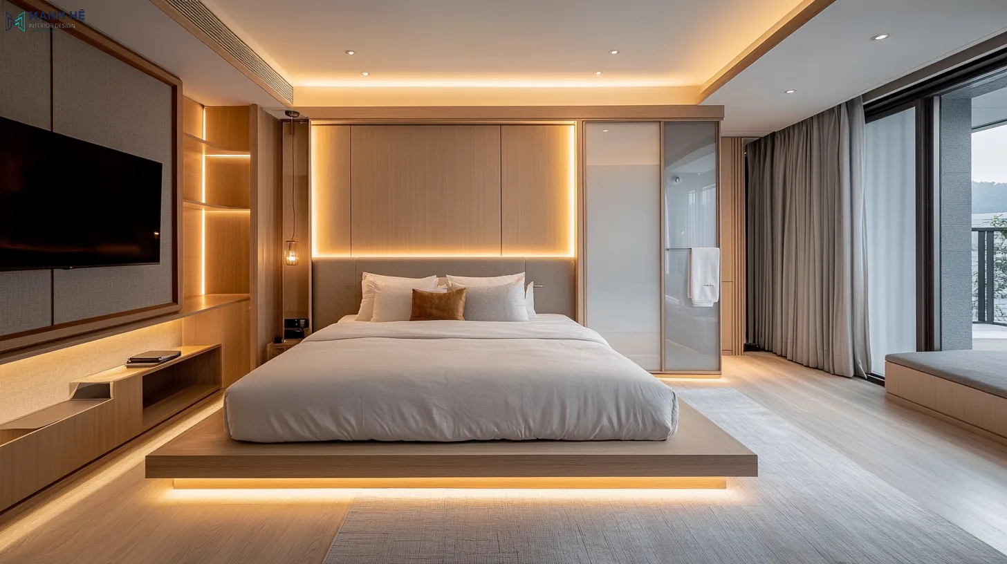 Phòng ngủ 18m2 tích hợp nhà vệ sinh tiện nghi, với cánh kính mờ tạo sự riêng tư