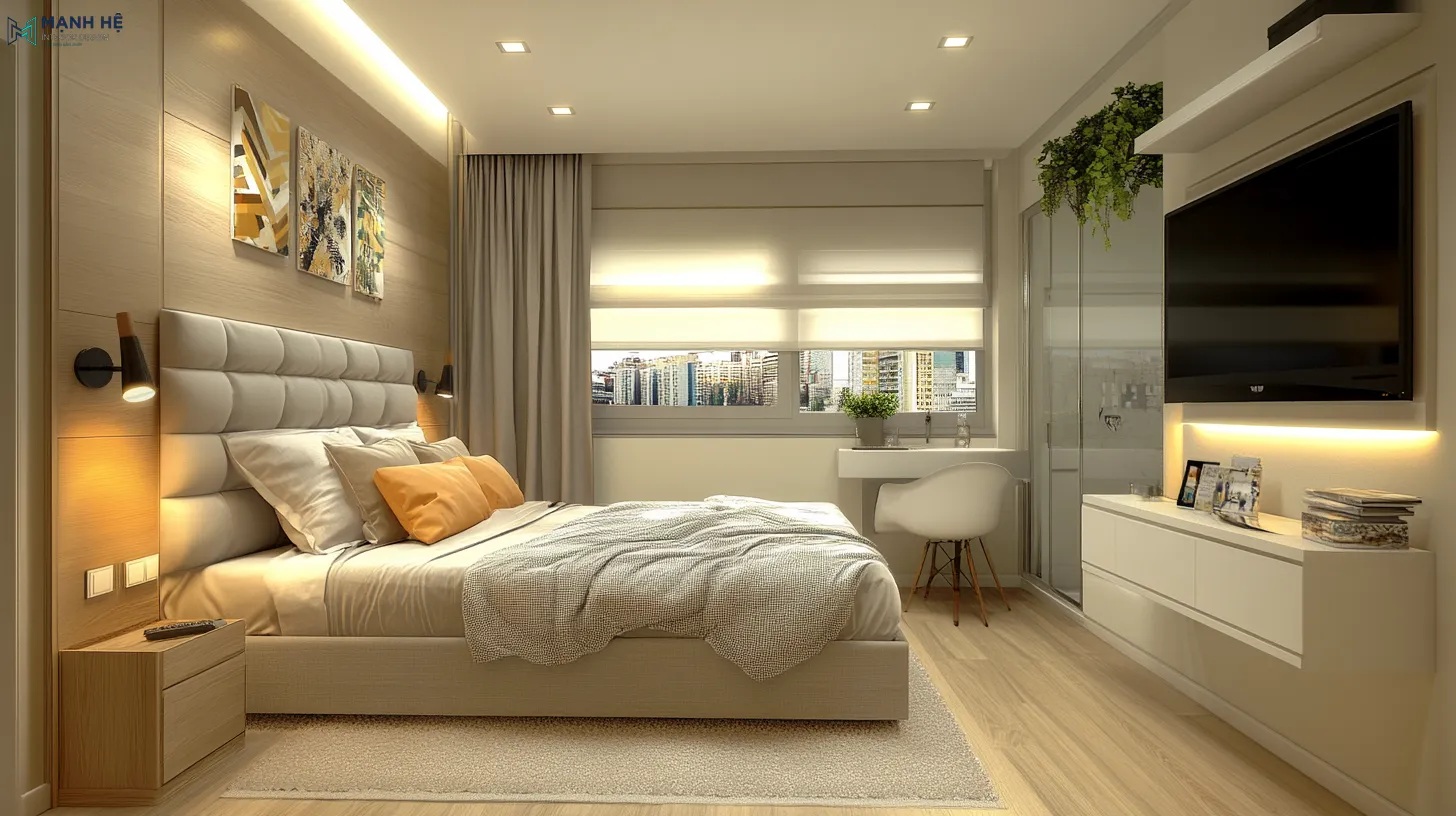 Phòng ngủ gam màu trung tính được bố trí nhà vệ sinh tiện nghi