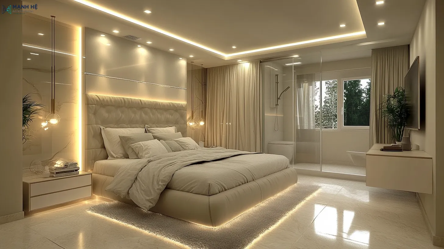 Phòng ngủ màu be kết hợp hệ thống đèn Led hiện đại, tích hợp nhà vệ sinh