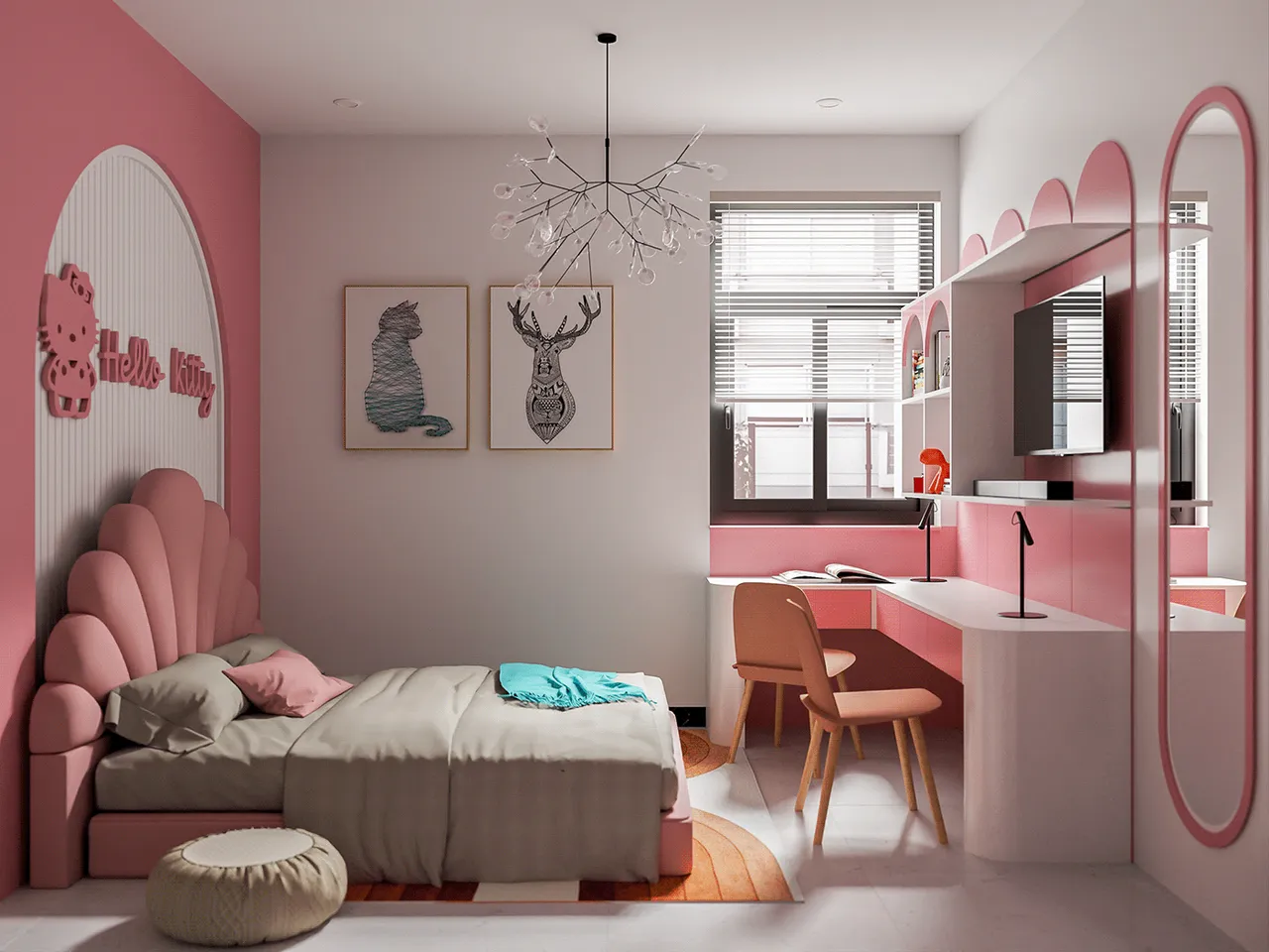 Phòng ngủ công chúa cho bé gái được thiết kế theo chủ đề hello kitty với đầu giường gam màu hồng và trang trí đèn led chứ 