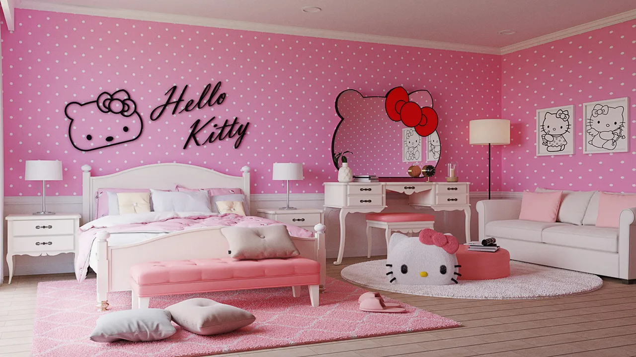 Phòng ngủ công chúa trang trí Hello Kitty cho bé gái