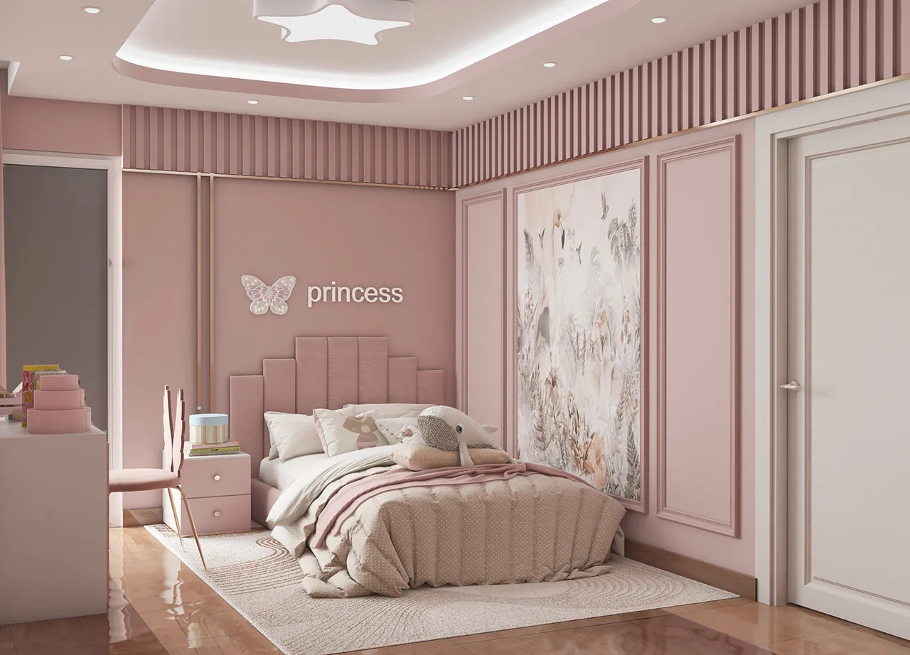 Phòng ngủ với gam màu hồng chủ đạo, trang trí chữ princess cho phòng ngủ công chúa