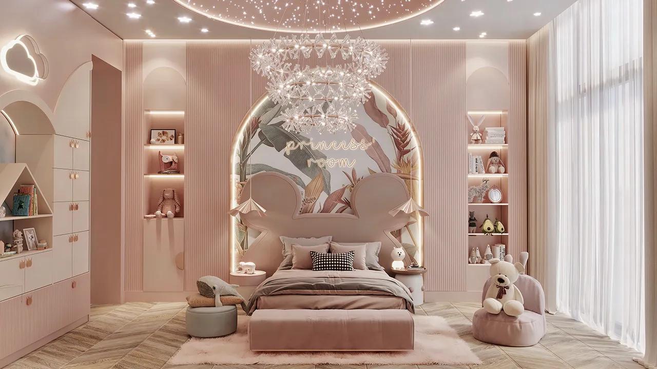 Phòng ngủ thiết kế đầu giường độc đáo với hình tai mickey
