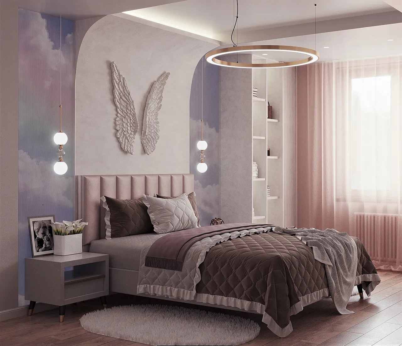 Phòng ngủ công chúa thiết kế với gam màu tím pastel làm chủ đạo kết hợp trang trí hình cánh bướm ở bức tường đầu giường