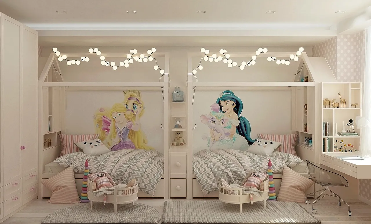 Phòng ngủ công chúa thiết kế theo chủ đề disney dành cho 2 bé, 2 giường đặt dối diện nhau, mỗi giường được thiết kế 2 nhân vật riêng biệt
