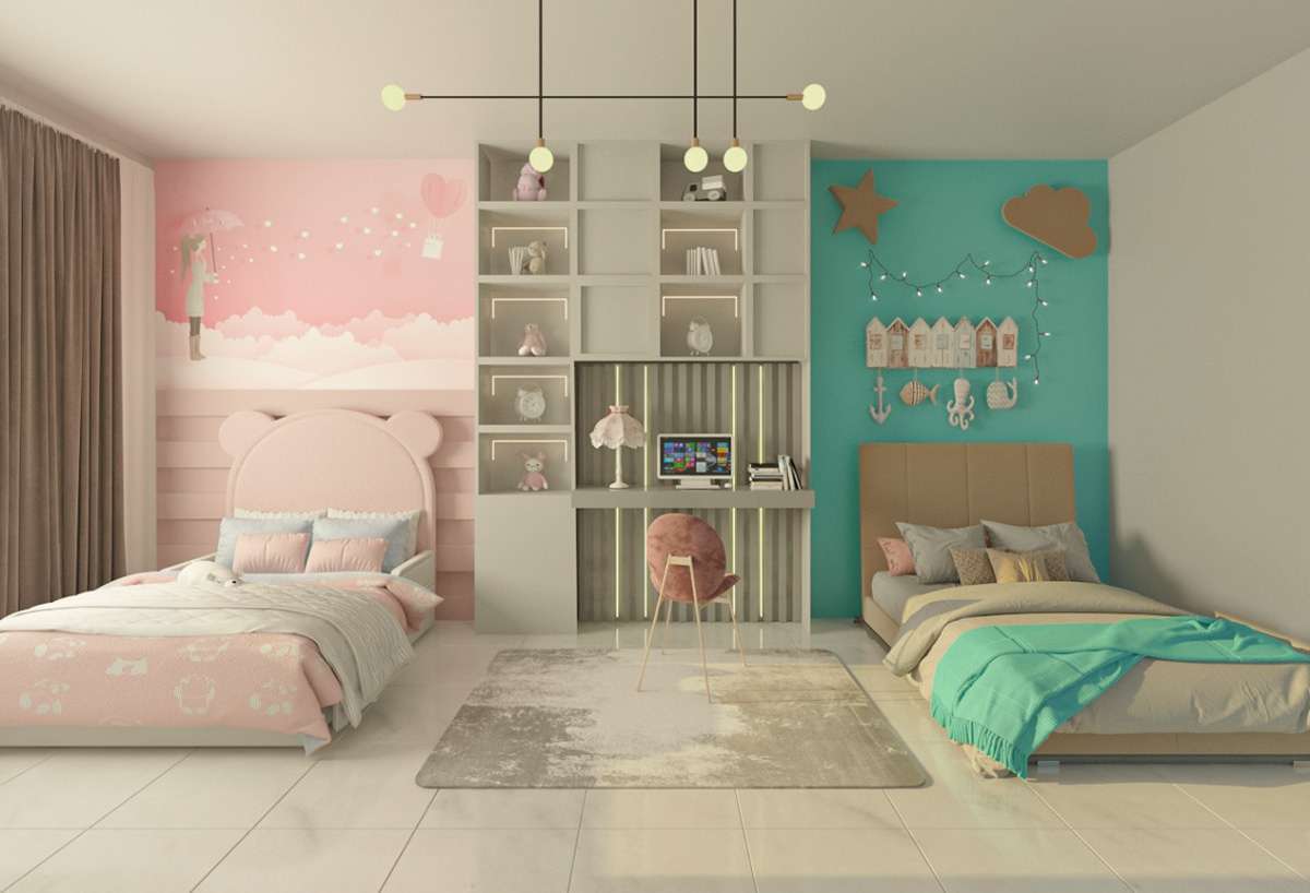 Thiết kế phòng ngủ đôi cho 2 bé với gam màu xanh và hồng phù hợp với từng giới tính