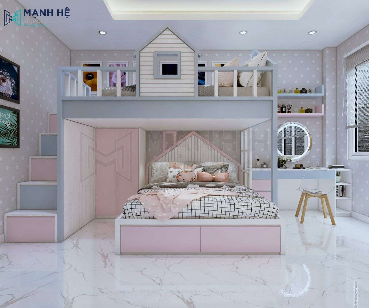 Sử dụng thiết kế giường 2 tầng cho bé trai và bé gái 