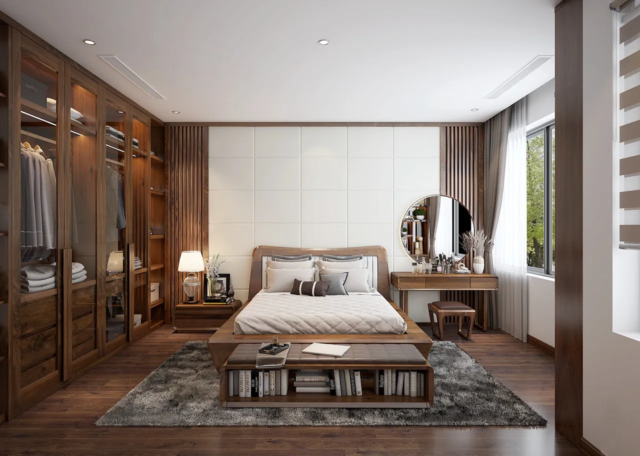 Giường ngủ, bàn phấn, tủ quần áo đều được làm bằng gỗ óc chó tự nhiên đẹp đẳng cấp