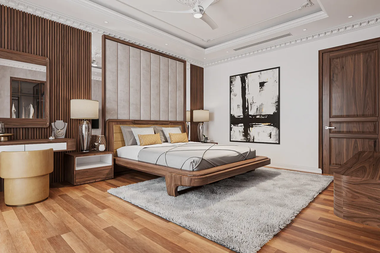 Mẫu thiết kế phòng ngủ gỗ óc chó mang vẻ đẹp mộc mạc tạo sự khác biệt so với các phong cách truyền thống