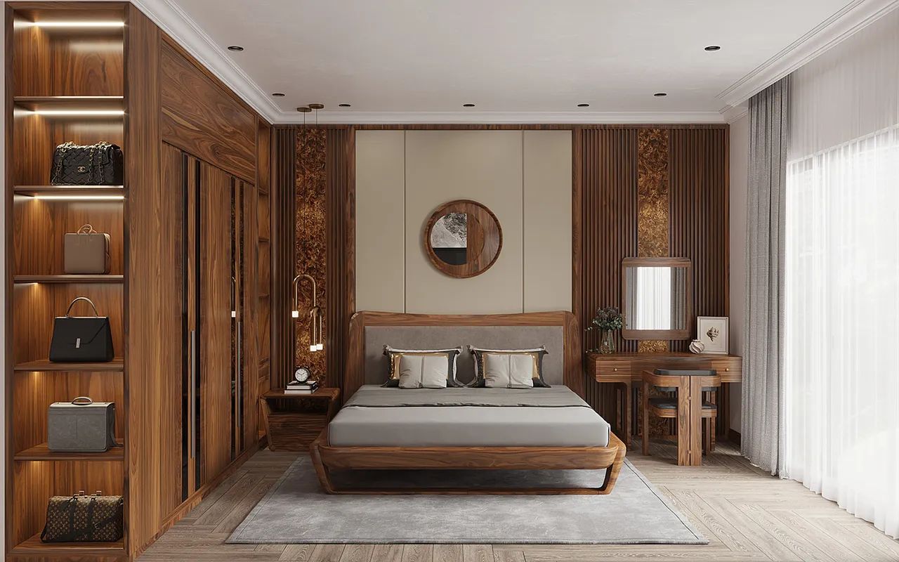 Bàn phấn gỗ óc chó và ghế ngồi, giường ngủ được thiết kế với kiểu dáng được cách điệu rất lạ mắt mà vẫn toát lên vẻ đẹp cực kỳ tinh tế