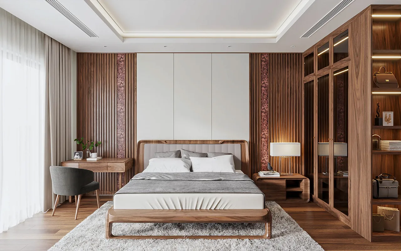 Thiết kế phòng ngủ gỗ óc chó hiện đại