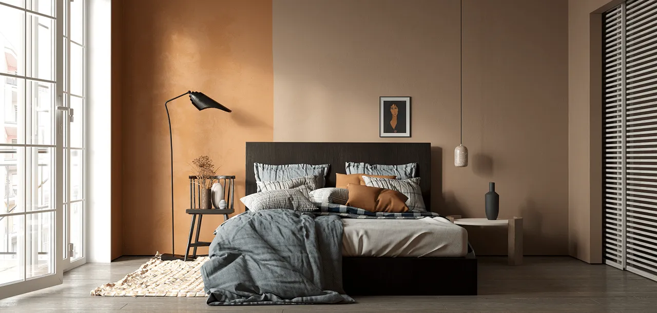Phòng ngủ màu cam pastel phối hợp đậm nhạt tạo hiệu ứng thị giác độc đáo