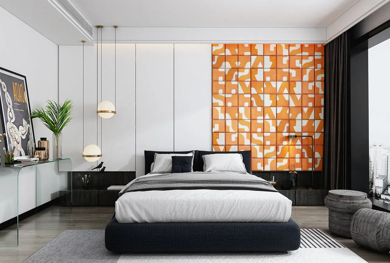 Trang trí bức tường màu cam tạo điểm nhấn cho phòng ngủ
