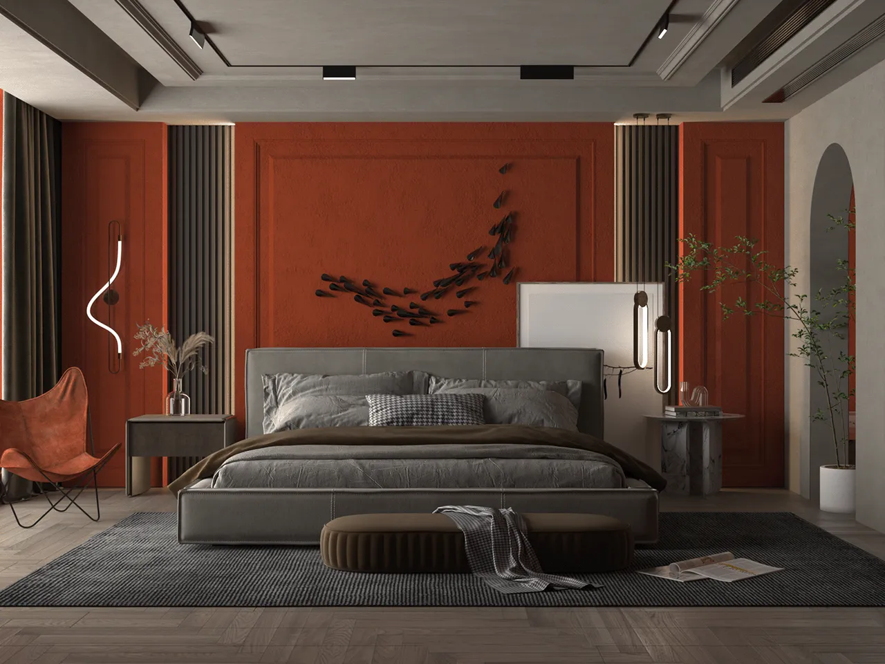 Phòng ngủ được nhấn nhá màu cam đậm ở bức tường đầu giường tạo không gian sắc sảo