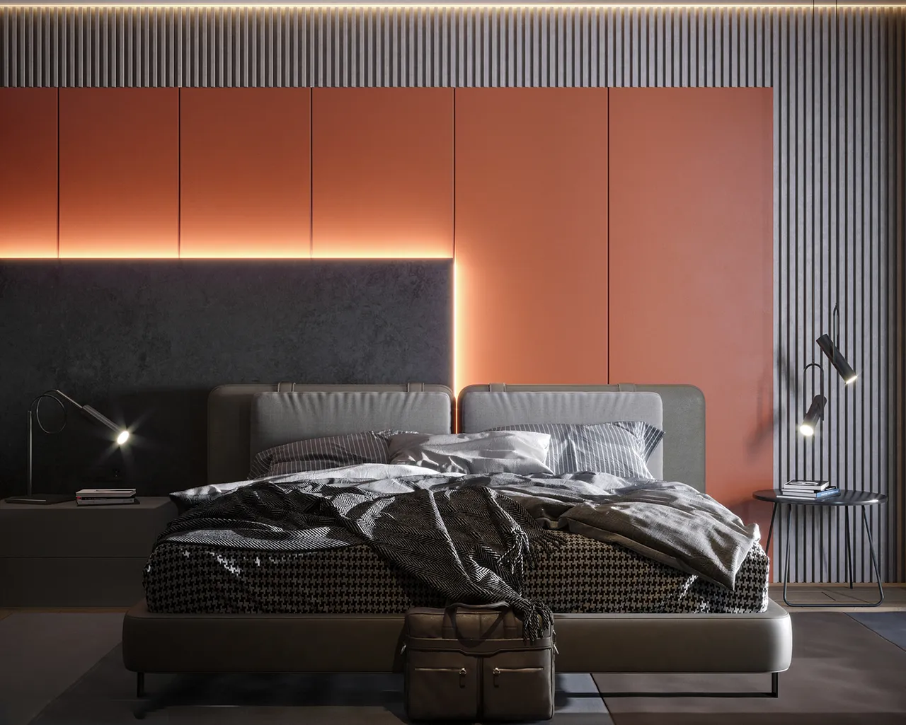 Phòng ngủ màu cam phối đen sang trọng, với đèn led đầu giường tạo điểm nhấn