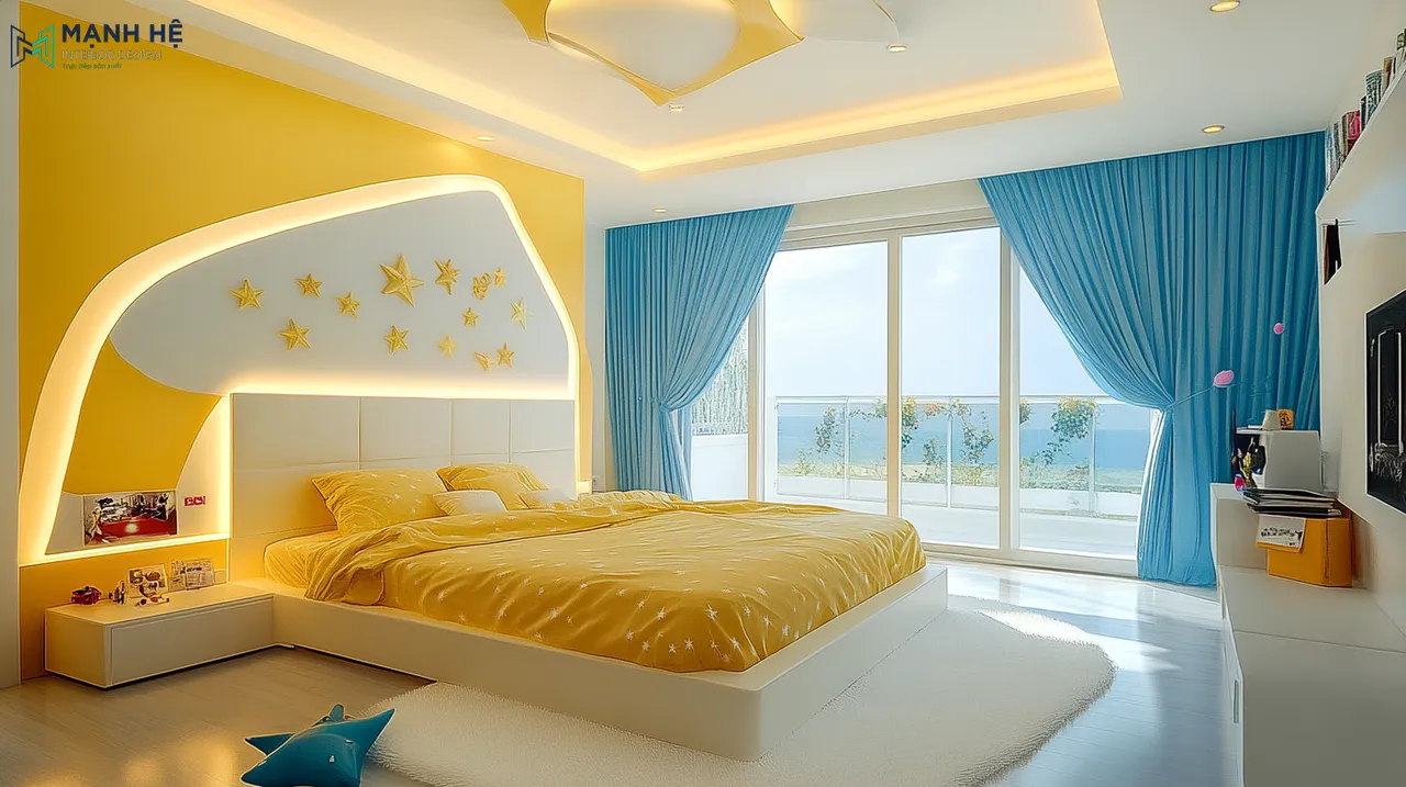 Mẫu phòng ngủ tone màu màu điểm trắng siêu dễ thương voies cái họa tiết trang trí ngôi sao vui nhộn, kết hợp cùng chiếc rèm cửa màu xanh giúp cho căn phòng trở nên sinh động hơn