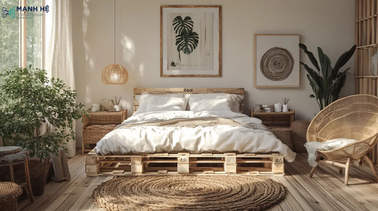 Giường pallet màu gỗ tự nhiên, kết hợp với ga trải giường màu trắng tinh khôi