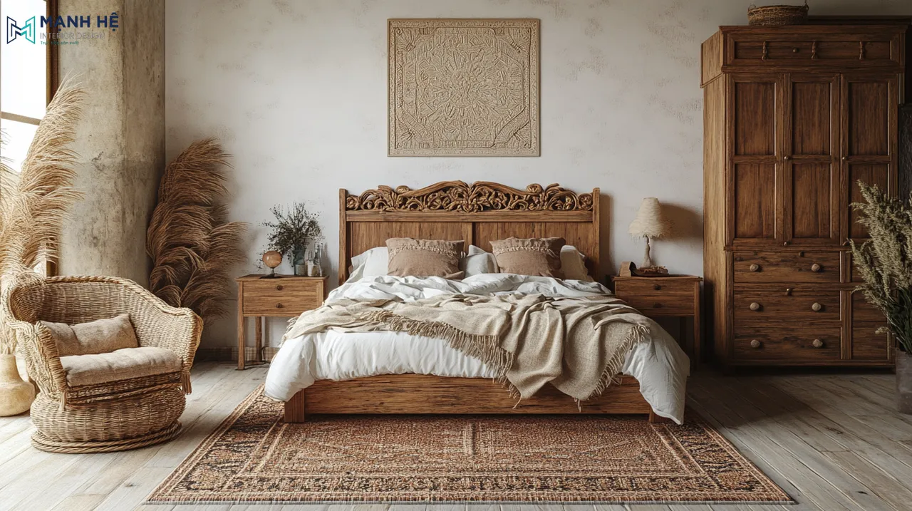 Trang trí phòng ngủ Vintage ấm cúng với nội thất gỗ thô mộc tự nhiên