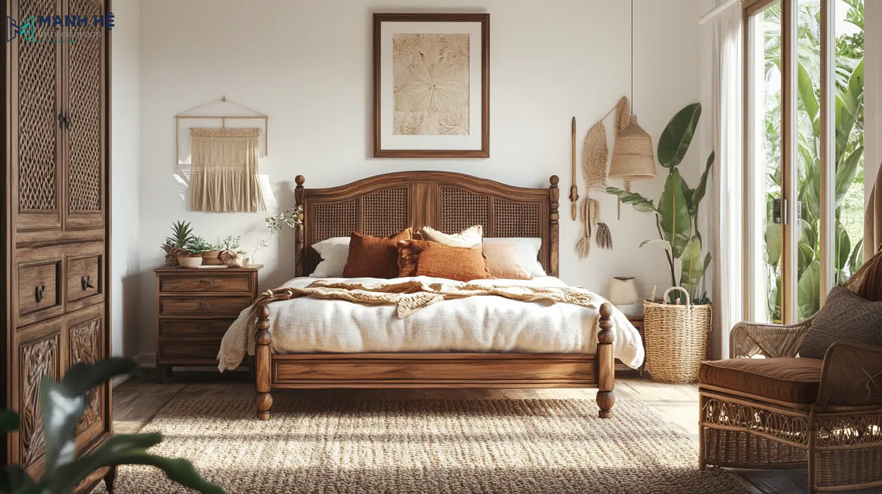 Phòng ngủ Vintage với nội thất gỗ sẫm màu hoài cổ