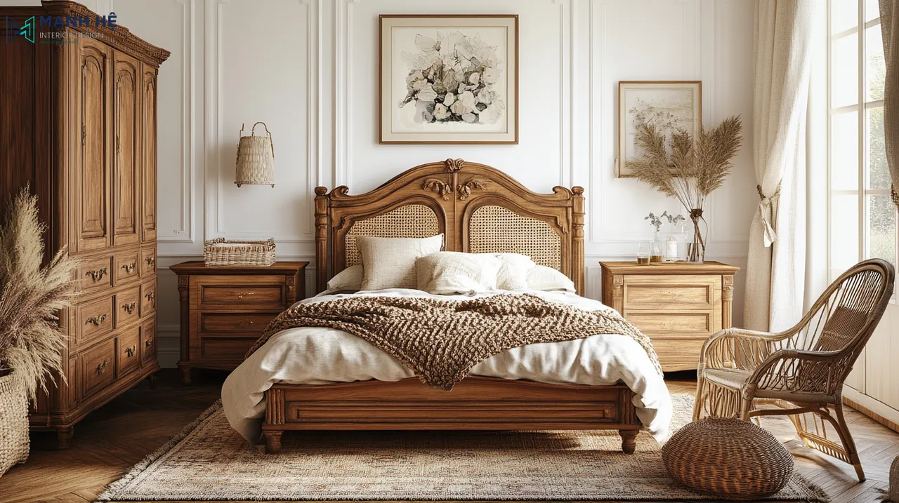 Sự mộc mạc và tinh tế của phong cách Vintage được thể hiện rõ nét qua các món đồ nội thất trong phòng ngủ