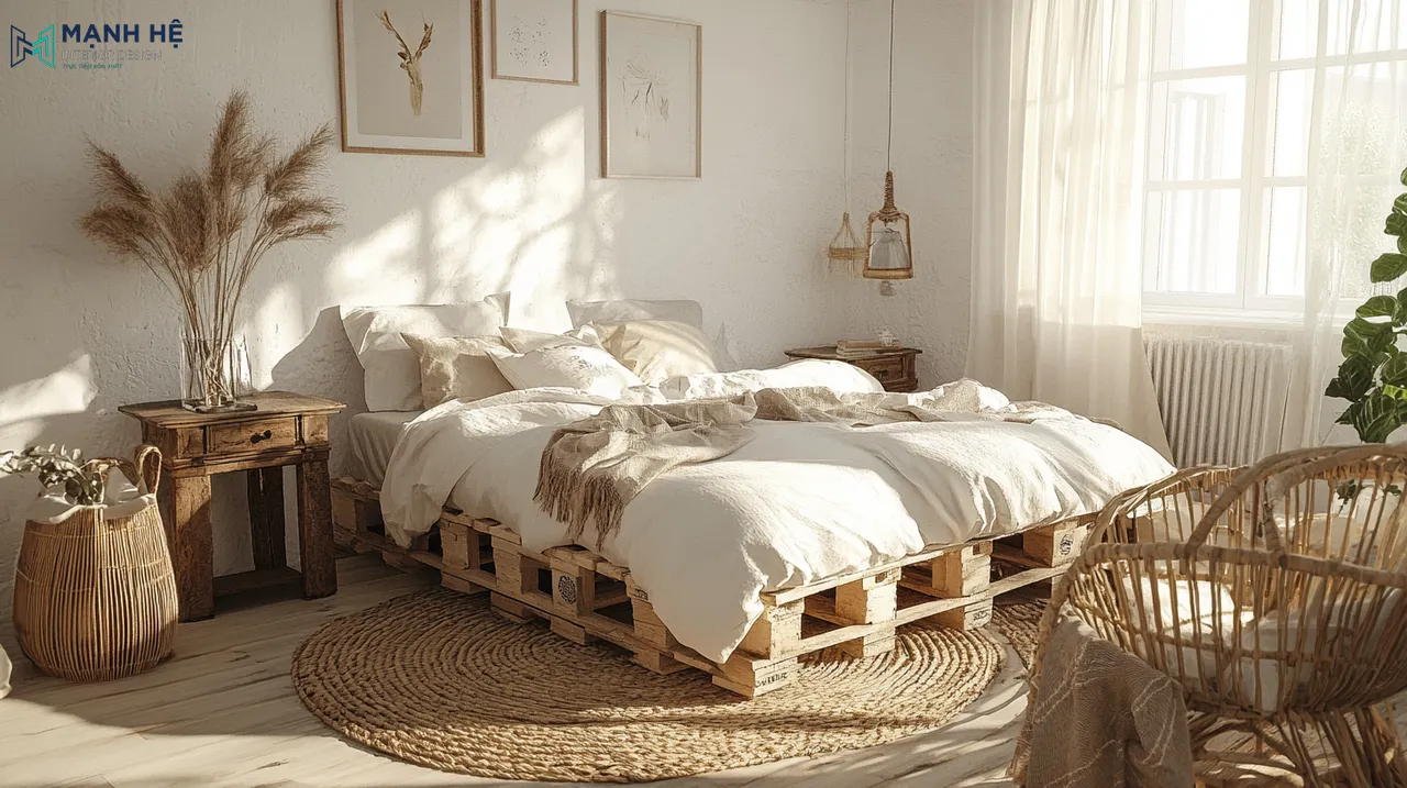 Giường pallet kết hợp ánh sáng tự nhiên tạo nên một phòng ngủ Vintage vô cùng ấm cúng