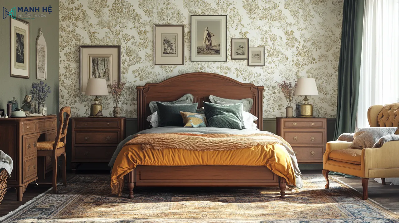 Giấy dán tường Vintage hoa văn nhẹ nhàng tạo sự mềm mại cho không gian ngủ.