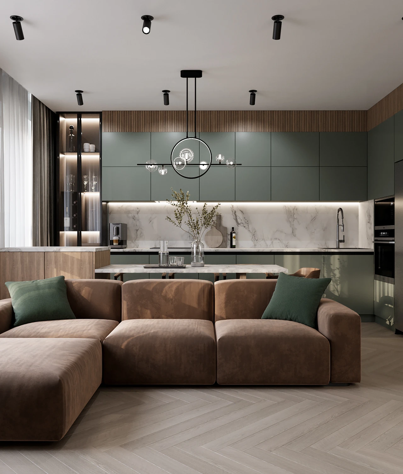 Thiết kế nội thất phòng khách liền bếp nhà ống nổi bật với bộ sofa lớn