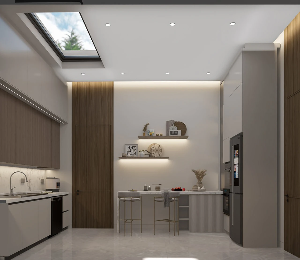 Thiết kế bếp của nhà ống ngay khu vực giếng với gam màu trắng, xám chủ đạo