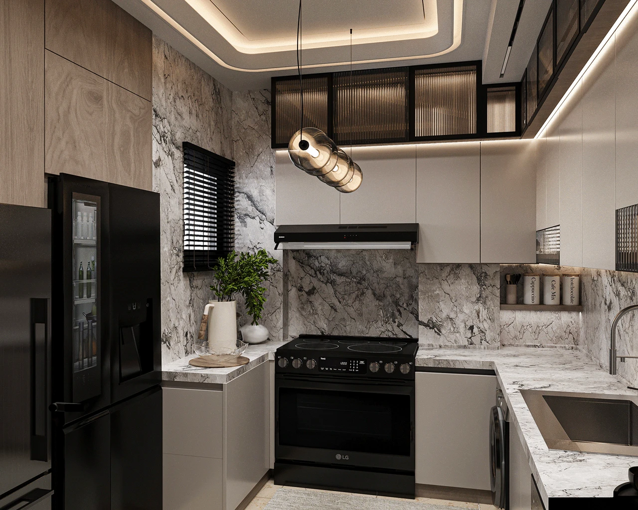 Thiết kế không gian bếp nhỏ với gam màu trắng, đen hiện đại, đầy đủ công năng cho nhà ống
