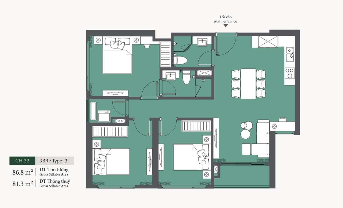 Bản vẽ nội thất chung cư 85m2 - 3 PN (3)