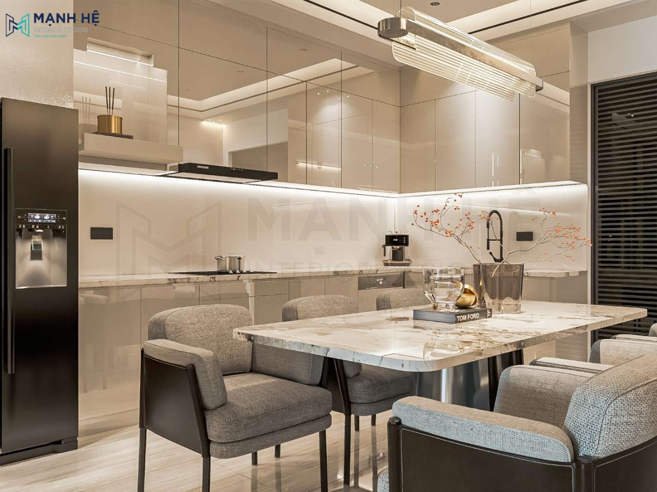 Sử dụng nội thất gỗ công nghiệp phủ Acrylic sáng bóng cho phòng bếp nhà ống