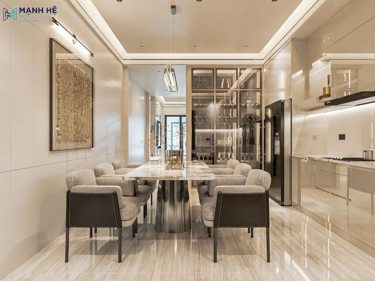 Bố trí bàn ăn đặt giữa không gian phòng bếp nhà phố
