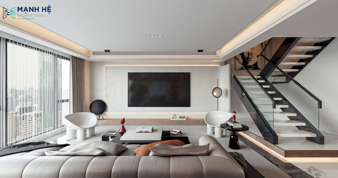 Nội thất phòng khách đẹp hiện đại cho căn hộ Duplex 110m2