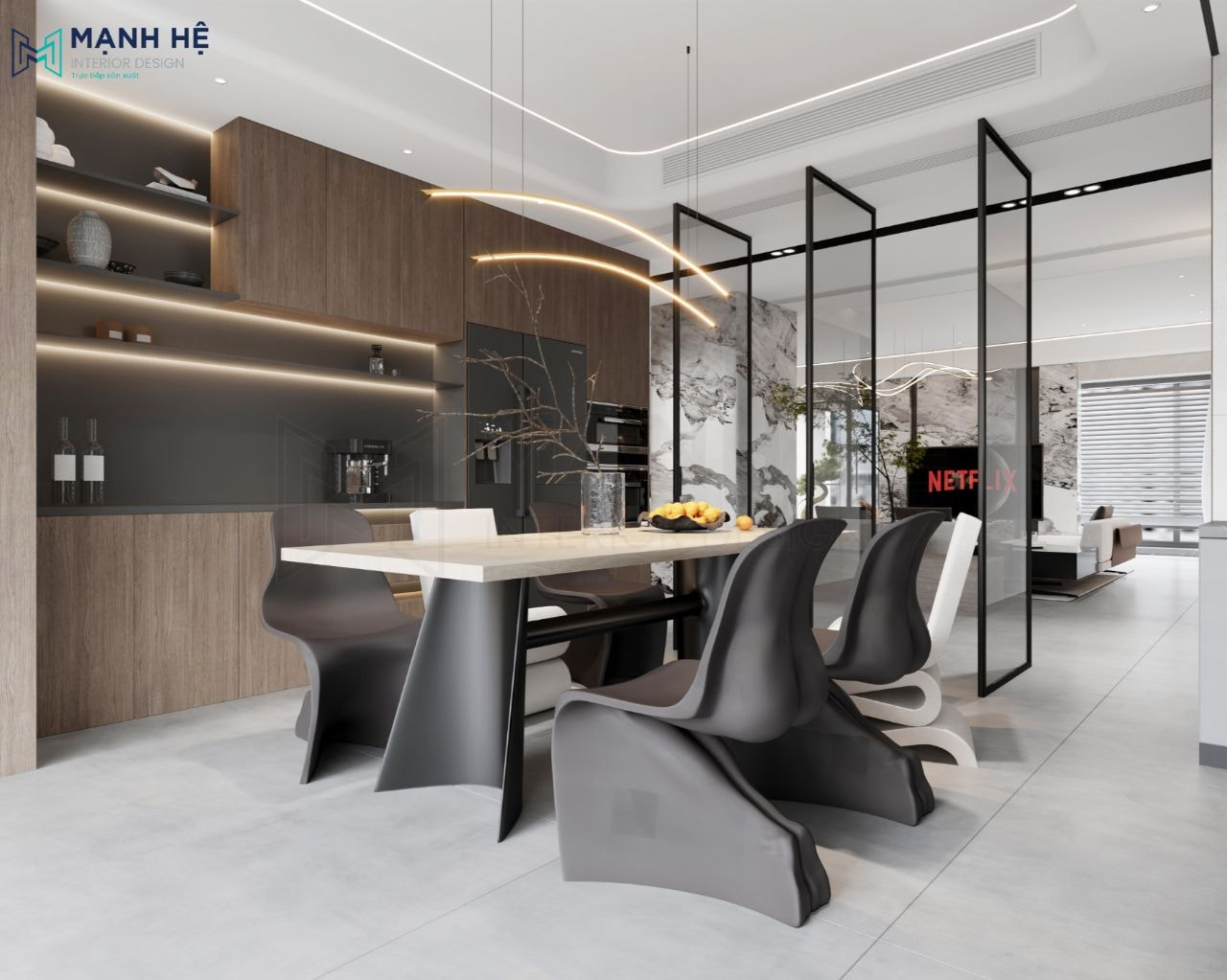Nội thất phòng bếp chung cư 100m2 làm từ gỗ công nghiệp
